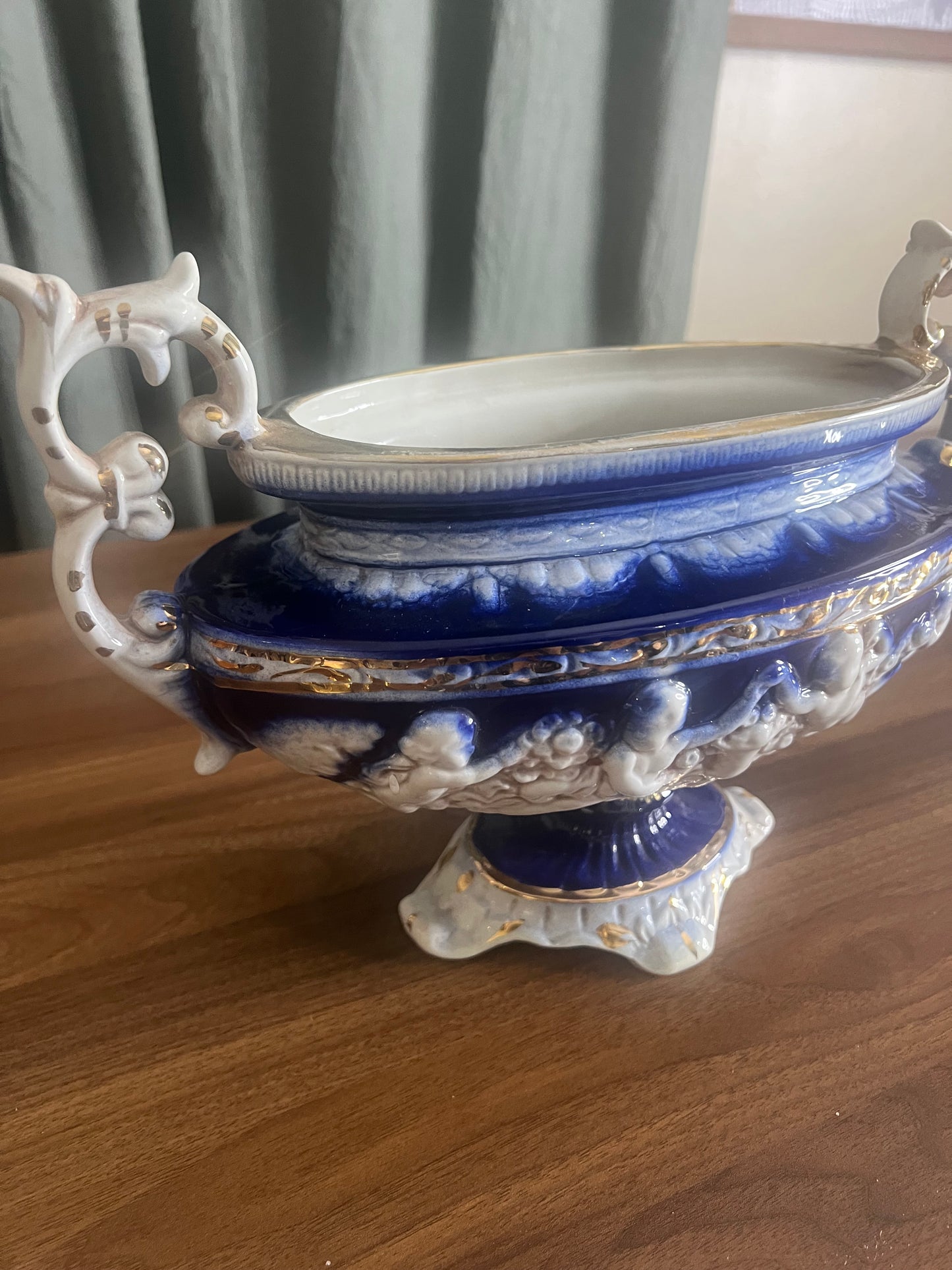 Antique-Style Italian Putti Centerpiece | Cobalt Blue & Gold Cherub Pedestal Bowl | European Decor