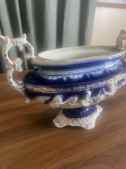 Antique-Style Italian Putti Centerpiece | Cobalt Blue & Gold Cherub Pedestal Bowl | European Decor