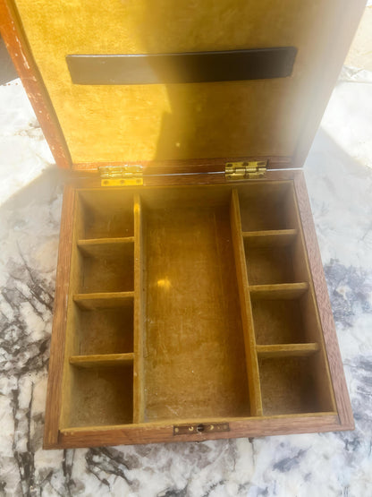 Apex Antique Wood & Leather Jewelry Box | Diamond Inlay Mid-Century Keepsake Case