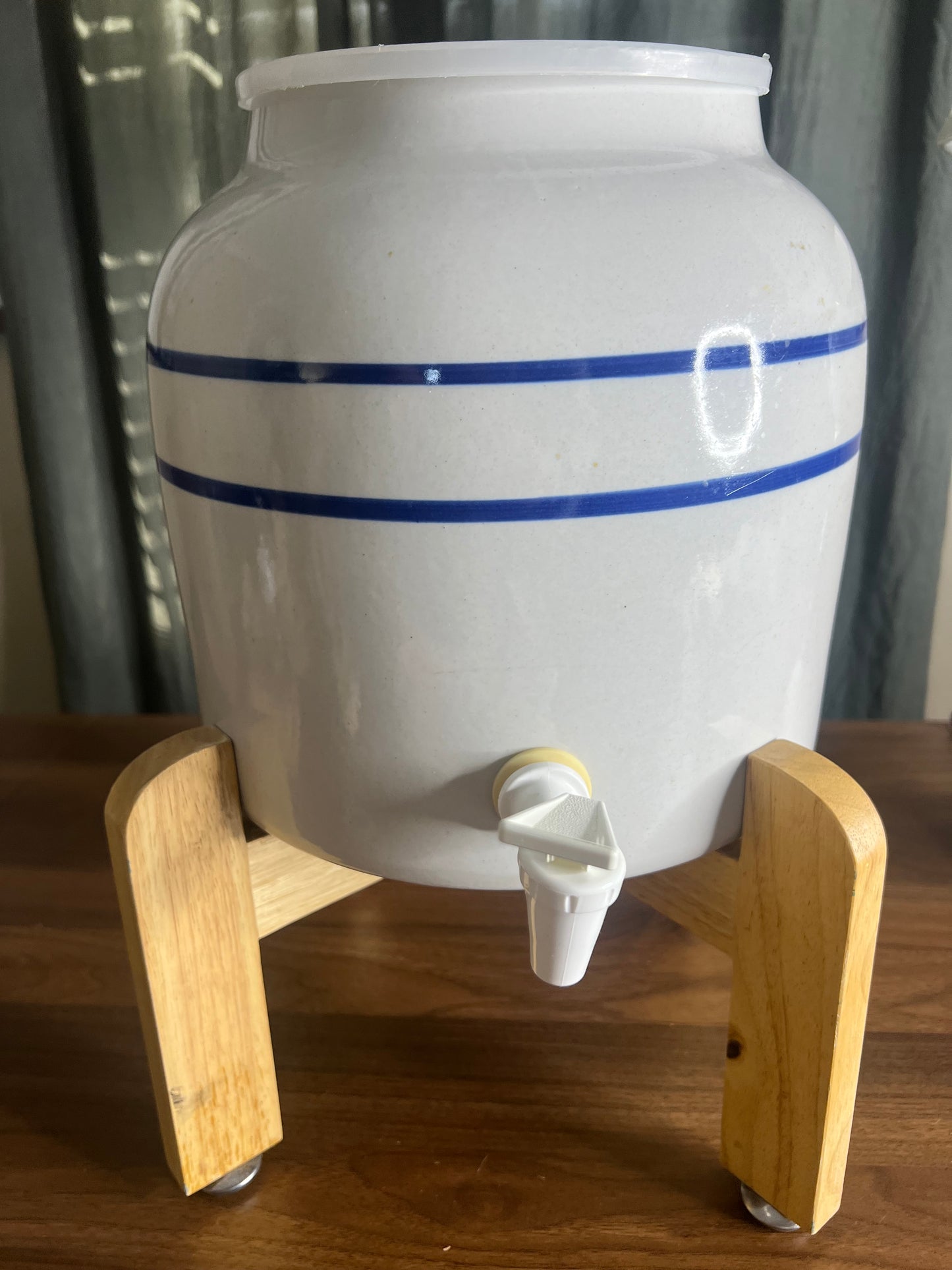 Farmhouse Ceramic Beverage Dispenser with Wood Stand | Blue Stripe Crock Water Jug
