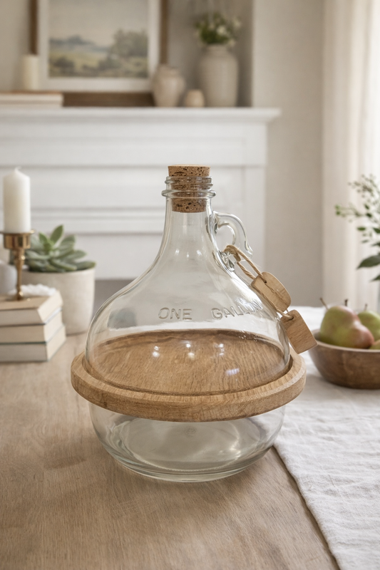 Vintage One-Gallon Glass Jug with Wood Collar & Cork — Rustic Farmhouse Charm