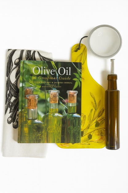 Curated Olive Oil Gourmet Gift Set – Cookbook, Ceramic Board, Dispenser Bottle, Dipping Dish & Towel | Mediterranean Kitchen Décor | Hostess