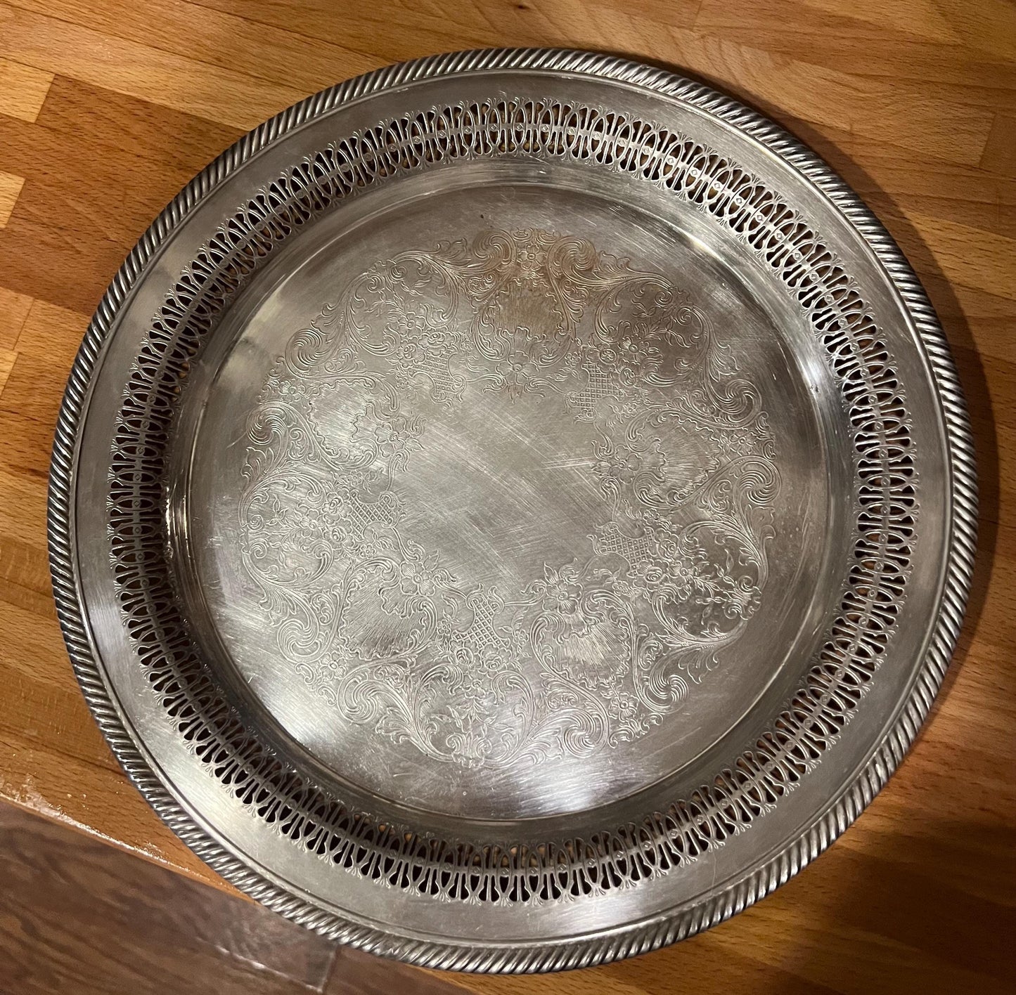 Vintage Silver-Plated Pierced Edge Serving Tray with Engraved Scroll Design