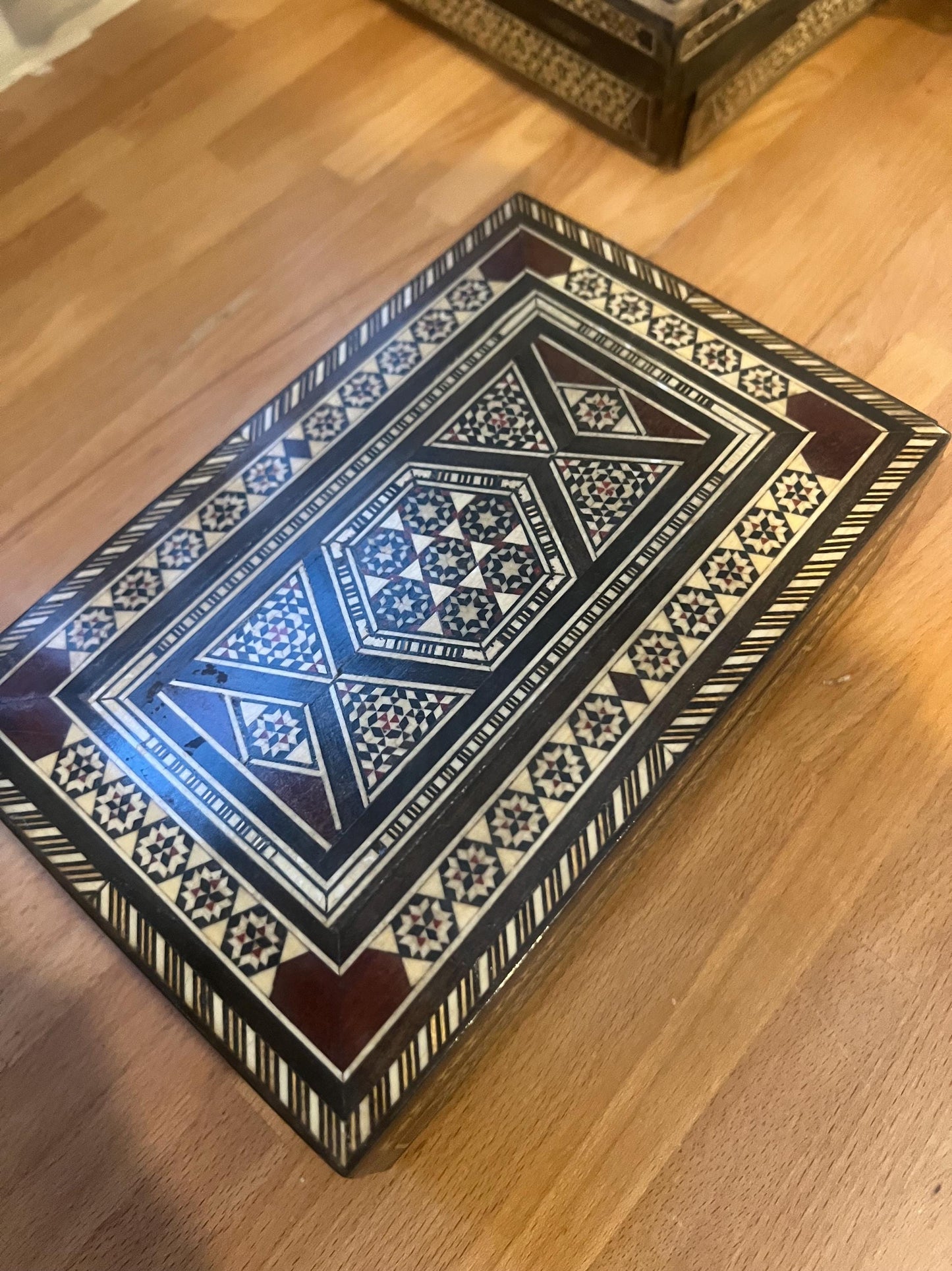 Vintage Syrian Marquetry-Mosaic Inlaid Wooden music Box.