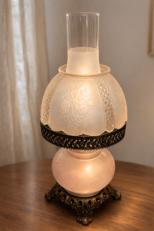 Vintage Brass & Marble Style Table Lamp with Frosted Hurricane Glass – Includes NOT ORIGINAL Shade