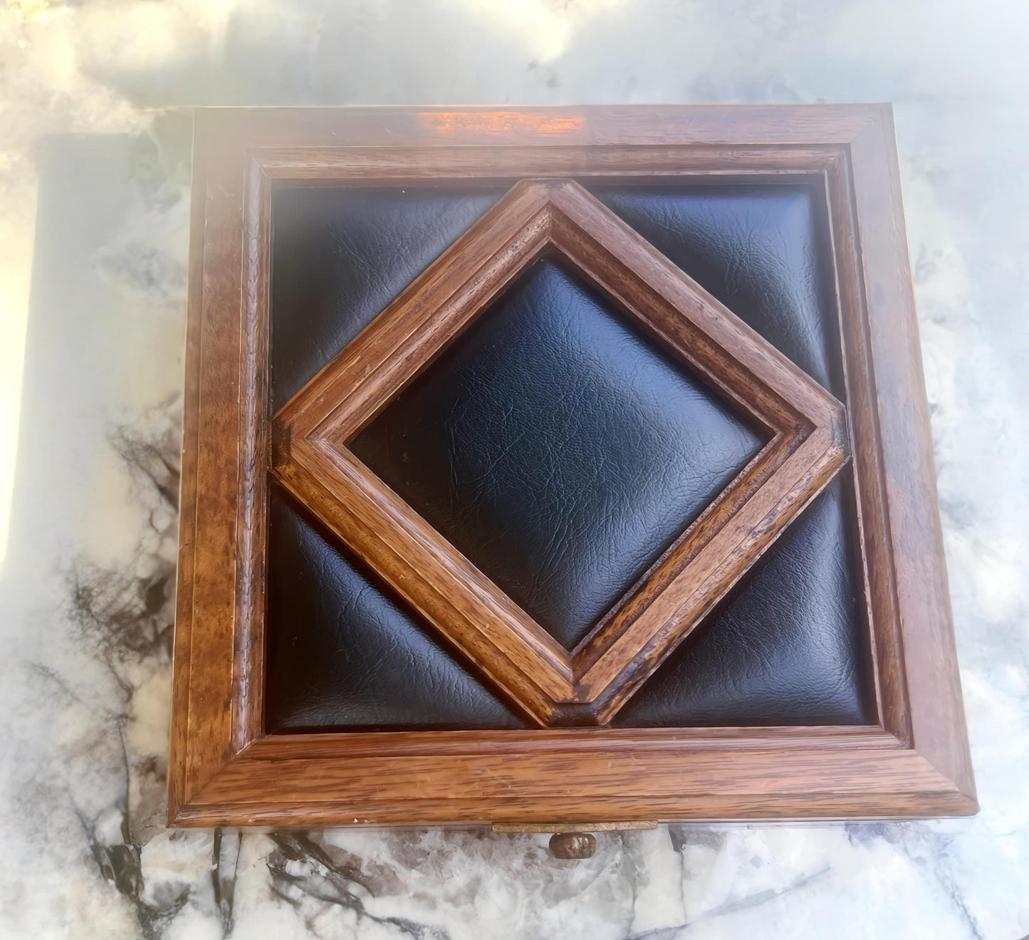 Apex Antique Wood & Leather Jewelry Box | Diamond Inlay Mid-Century Keepsake Case