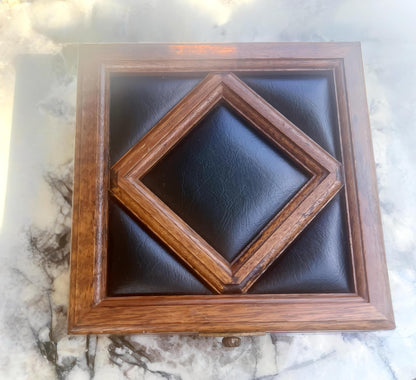 Apex Antique Wood & Leather Jewelry Box | Diamond Inlay Mid-Century Keepsake Case