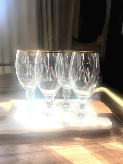 Set of 4 Vintage Goblets with Gold Rim and Pressed Sunburst Stem Detail