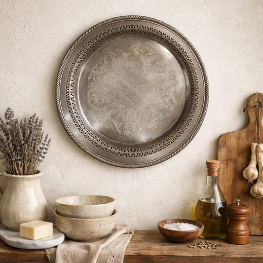 Vintage Silver-Plated Pierced Edge Serving Tray with Engraved Scroll Design