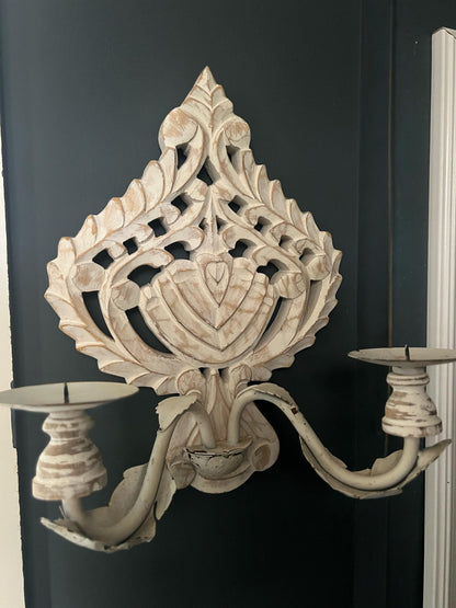 Distressed White Metal Candle Holder wall sconce