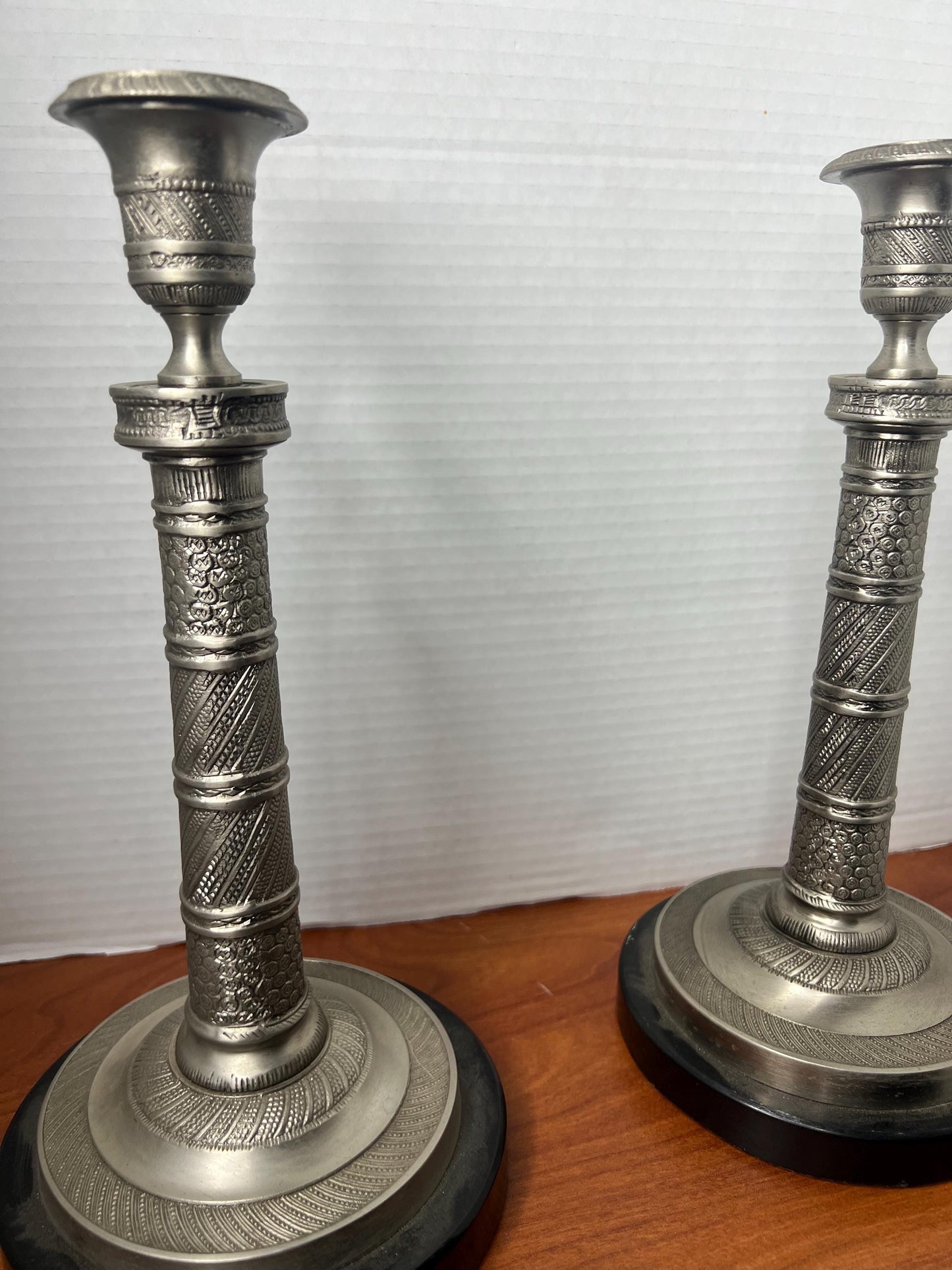 Vintage Etched Nickel-Plated Brass Candlestick Pair