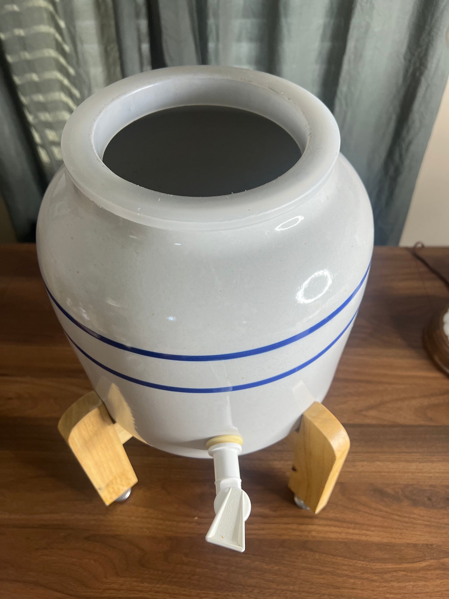 Farmhouse Ceramic Beverage Dispenser with Wood Stand | Blue Stripe Crock Water Jug