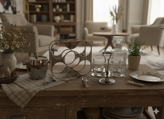 Vintage Barware Set with Crystal Decanter, Ice Bucket, Glass Caddy & Wine Rack | Mid Century Bar Set | Home Bar Decor | Gift for Himself