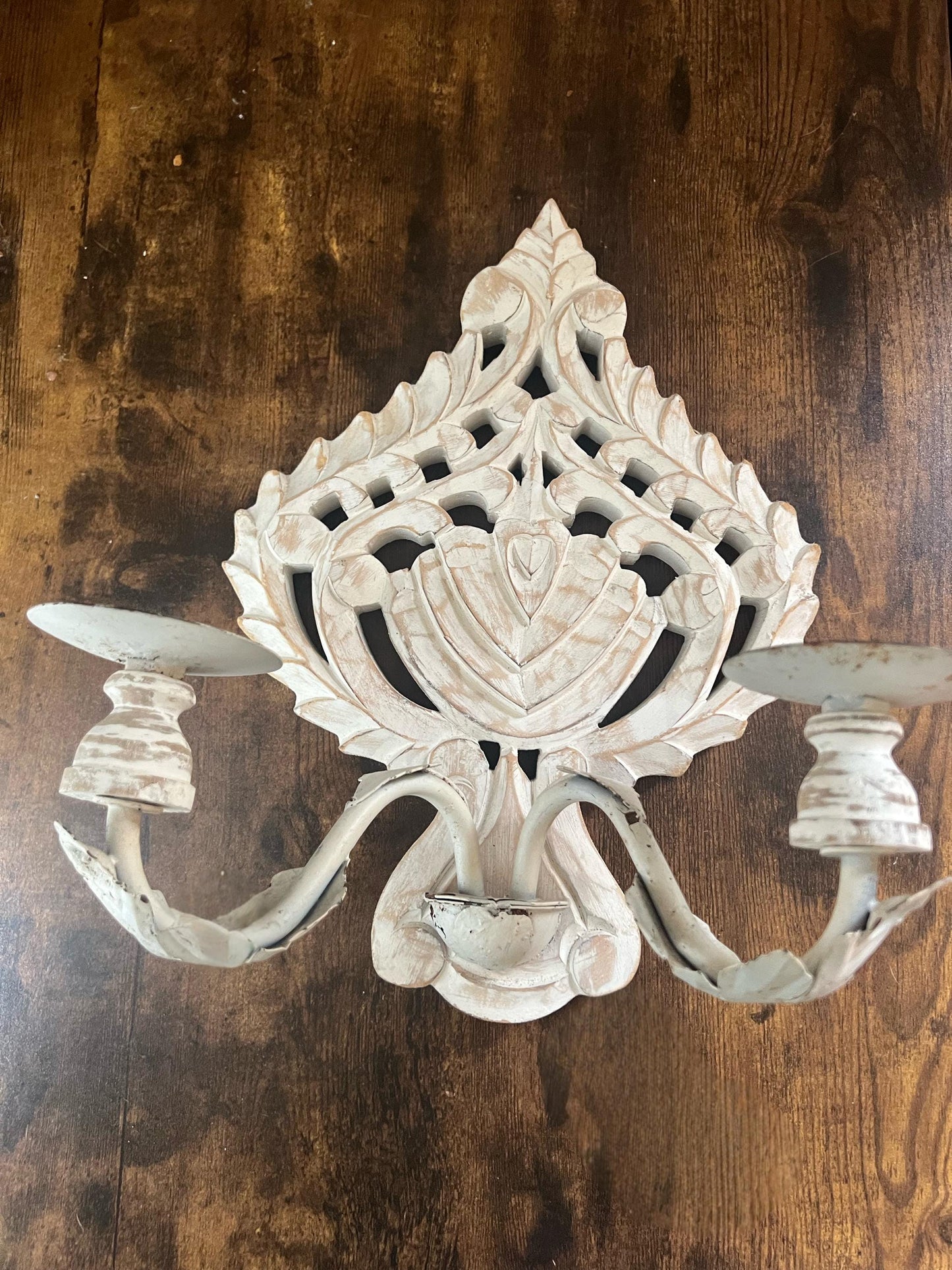 Distressed White Metal Candle Holder wall sconce