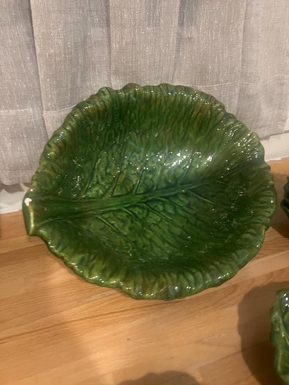 Vintage 1968 Handmade Cabbageware Salad Set – 6-piece Majolica-Style Green Leaf Bowls