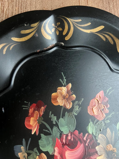 Vintage Black Tole Tray Set – Hand-Painted Floral & Bird