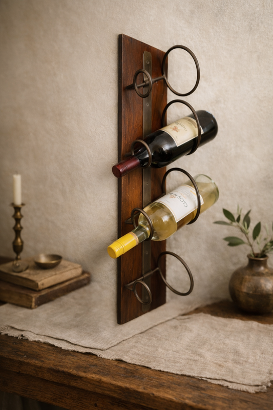 Rustic Wall-Mounted Wine Rack – Wood & Metal 4-Bottle Holder – Farmhouse Kitchen Bar Decor