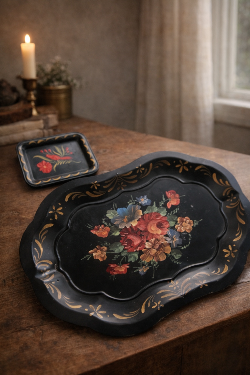 Vintage Black Tole Tray Set – Hand-Painted Floral & Bird