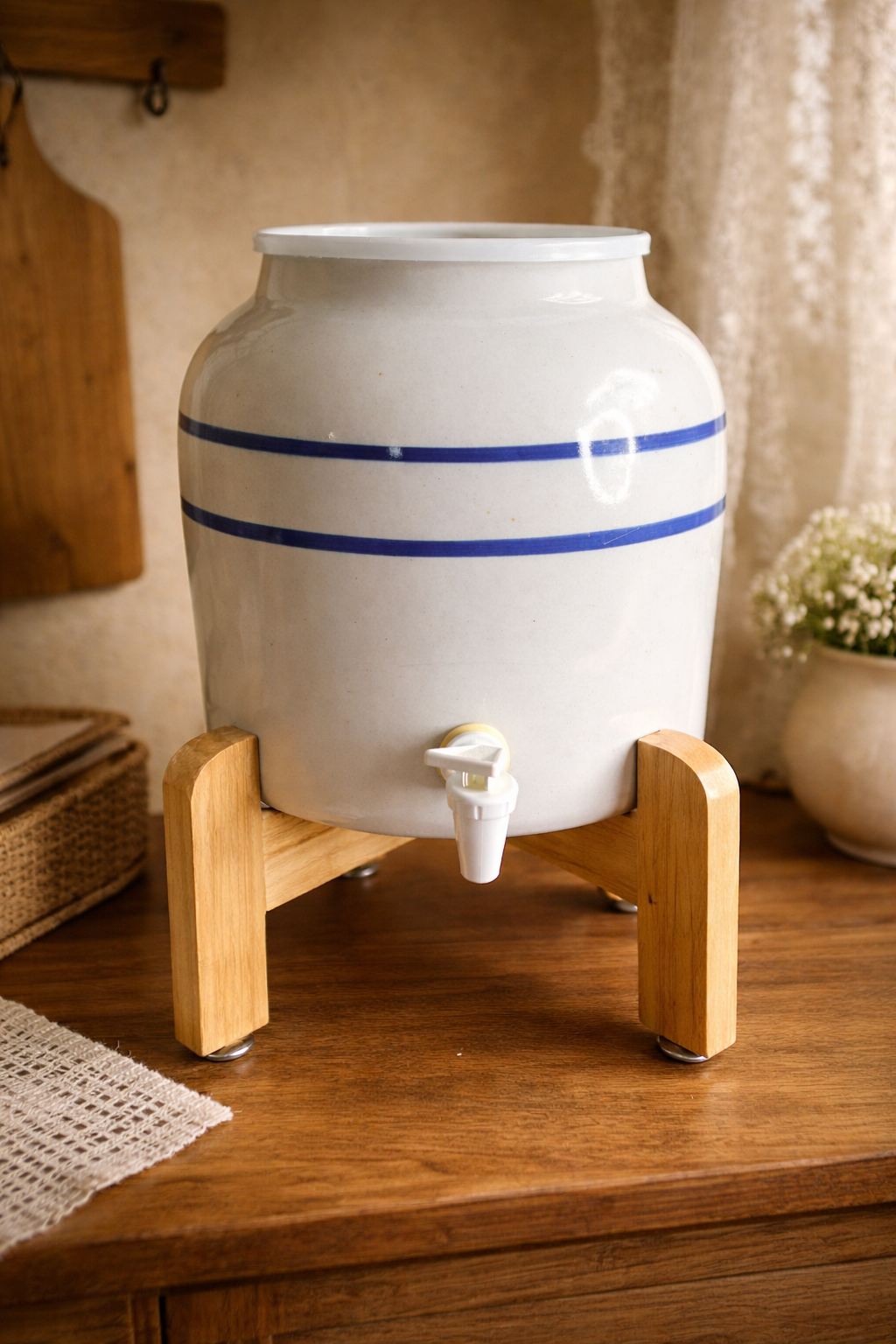 Farmhouse Ceramic Beverage Dispenser with Wood Stand | Blue Stripe Crock Water Jug