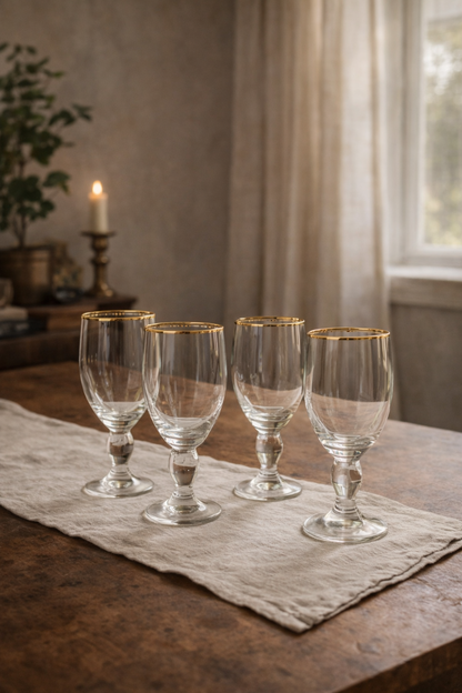 Set of 4 Vintage Goblets with Gold Rim and Pressed Sunburst Stem Detail