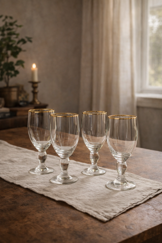 Set of 4 Vintage Goblets with Gold Rim and Pressed Sunburst Stem Detail