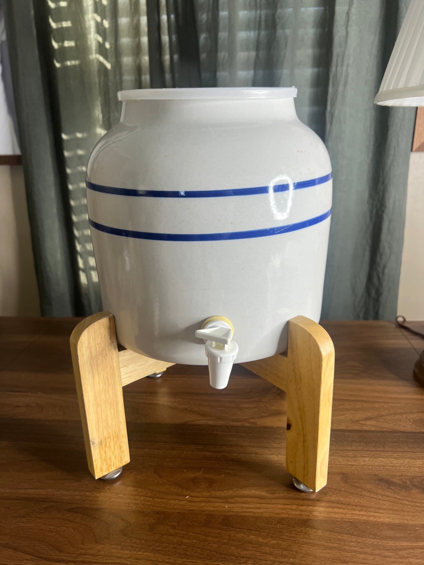 Farmhouse Ceramic Beverage Dispenser with Wood Stand | Blue Stripe Crock Water Jug