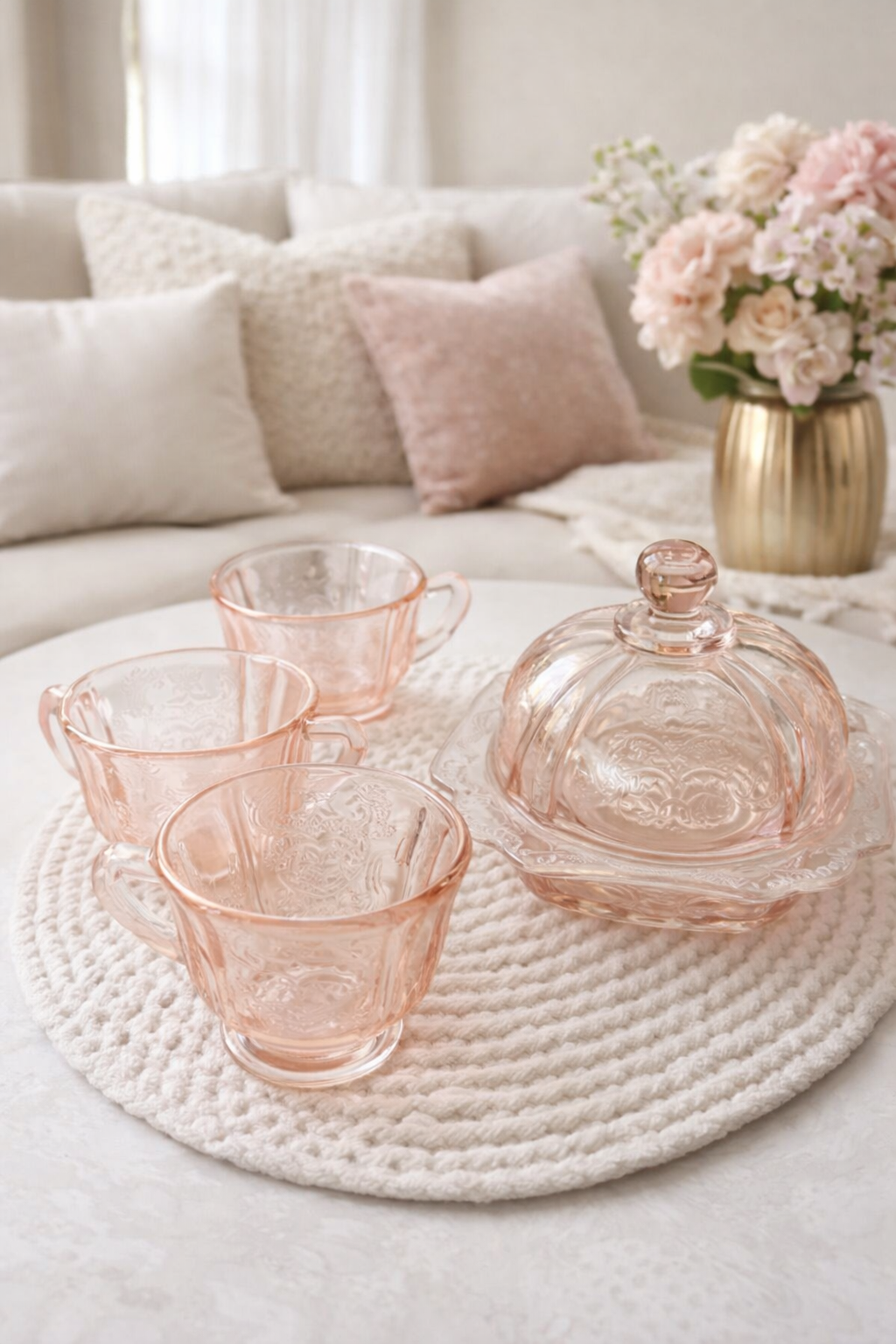 Vintage Pink Depression Glass Set – Princess Pattern by Hocking Glass | 1930s Tea & Butter Dish Collection