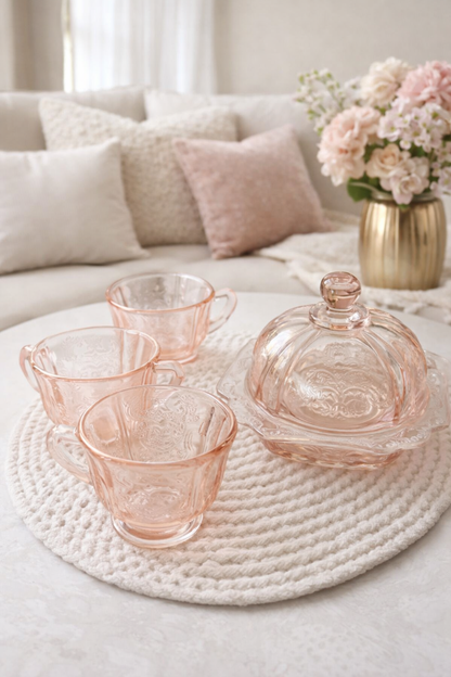 Vintage Pink Depression Glass Set – Princess Pattern by Hocking Glass | 1930s Tea & Butter Dish Collection