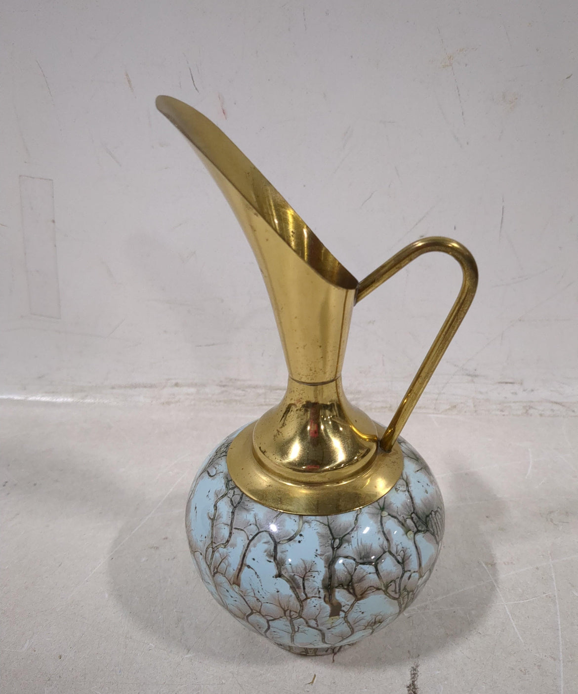 Vintage Brass Pitcher with Blue Crackle