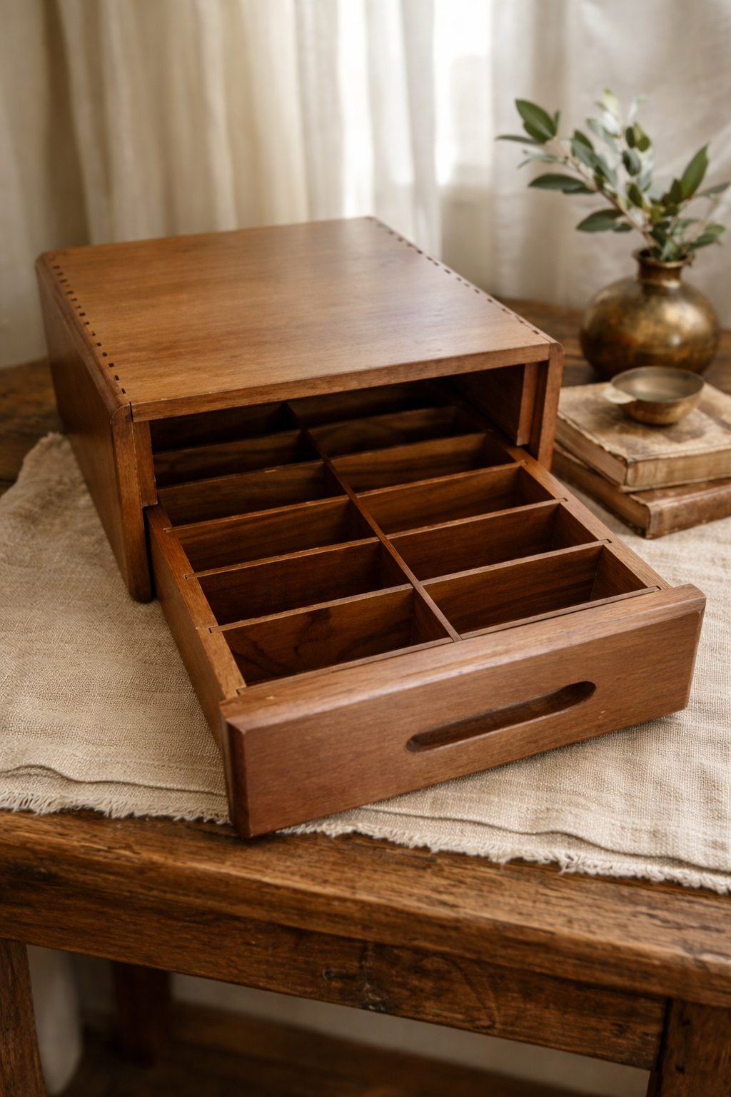 Vintage Teak Dovetail Wooden Organizer Box with Drawer