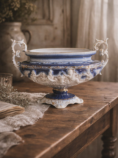 Antique-Style Italian Putti Centerpiece | Cobalt Blue & Gold Cherub Pedestal Bowl | European Decor