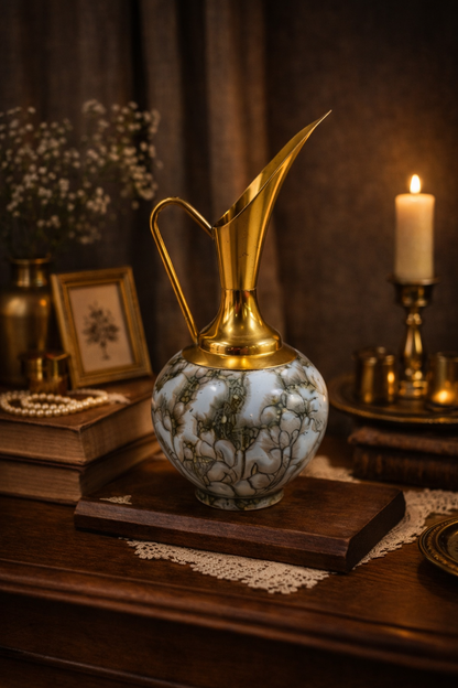 Vintage Brass Pitcher with Blue Crackle