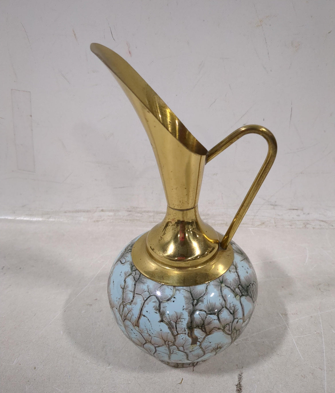 Vintage Brass Pitcher with Blue Crackle