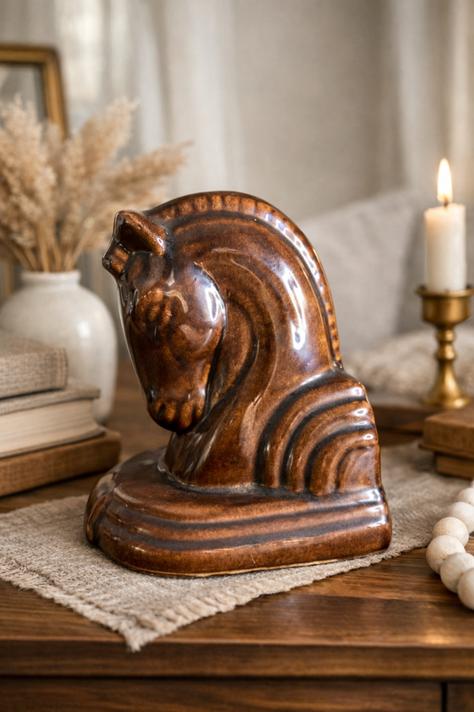 Vintage Ceramic Horse Head Sculpture – Mid Century Style – Brown Glaze Equestrian Decor