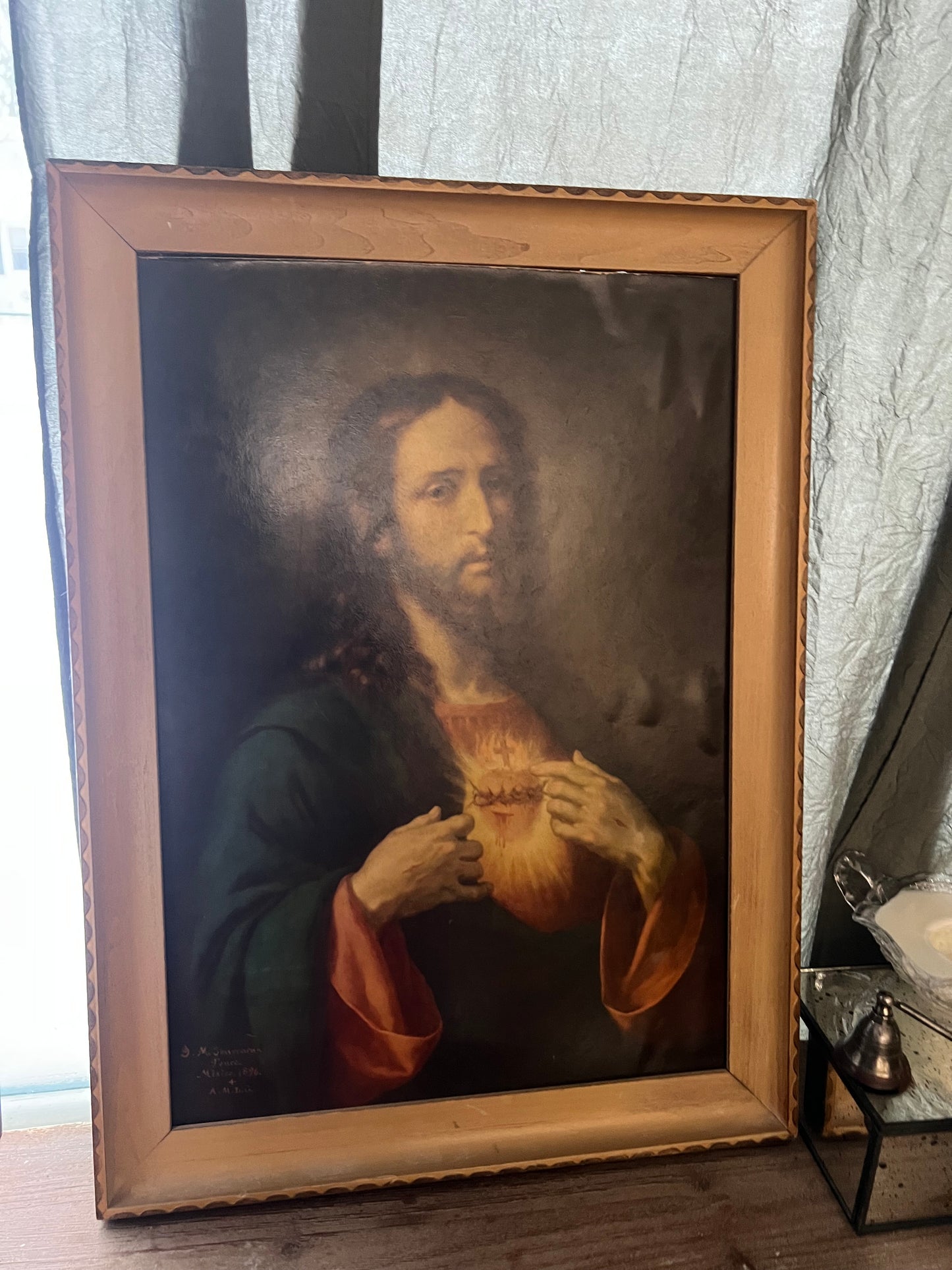 Antique Sacred Heart of Jesus Devotional Print, dated 1896, in Original Frame