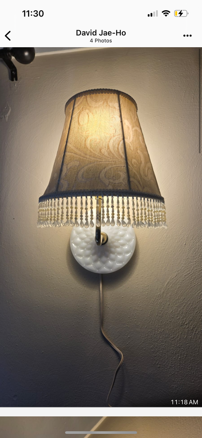 Vintage Milk Glass Hobnail Wall Sconce Lamp with Beaded Fringe Shade