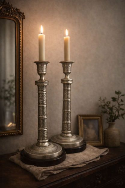Vintage Etched Nickel-Plated Brass Candlestick Pair