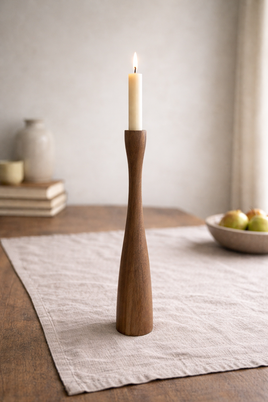 Mid-Century Modern Wood Candle Holder – Tall Tapered Teak Style Candlestick / Sculptural Wooden Vase