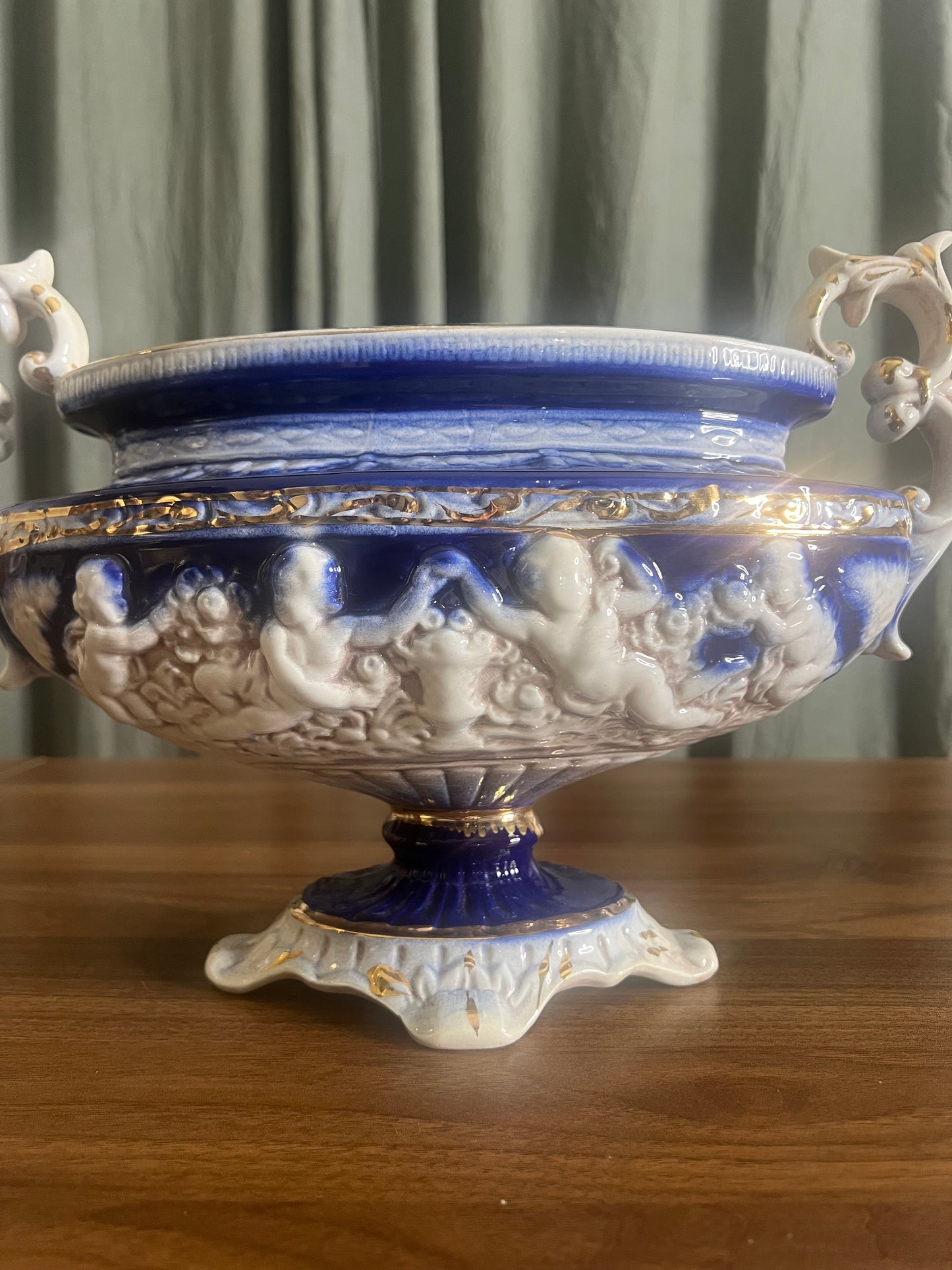 Antique-Style Italian Putti Centerpiece | Cobalt Blue & Gold Cherub Pedestal Bowl | European Decor
