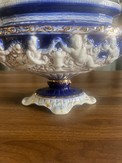 Antique-Style Italian Putti Centerpiece | Cobalt Blue & Gold Cherub Pedestal Bowl | European Decor