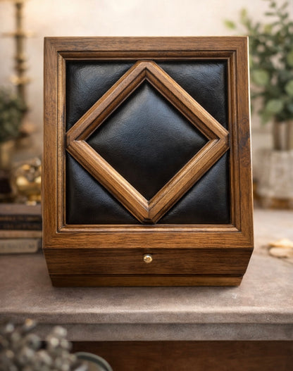 Apex Antique Wood & Leather Jewelry Box | Diamond Inlay Mid-Century Keepsake Case