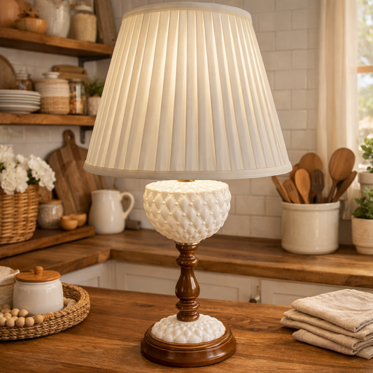 Vintage Hobnail Milk Glass Table Lamp with Wood Base