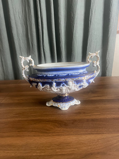 Antique-Style Italian Putti Centerpiece | Cobalt Blue & Gold Cherub Pedestal Bowl | European Decor