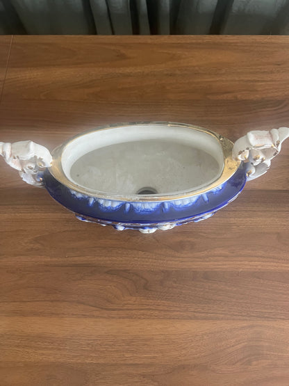 Antique-Style Italian Putti Centerpiece | Cobalt Blue & Gold Cherub Pedestal Bowl | European Decor