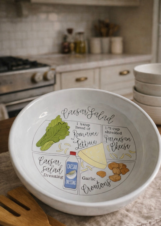 Curated Caesar Salad Kitchen Set – Recipe Bowl, Dressing Bottle, & Wooden Salad Forks | Vintage-Inspired Kitchen Décor | Hostess Gift | Cook