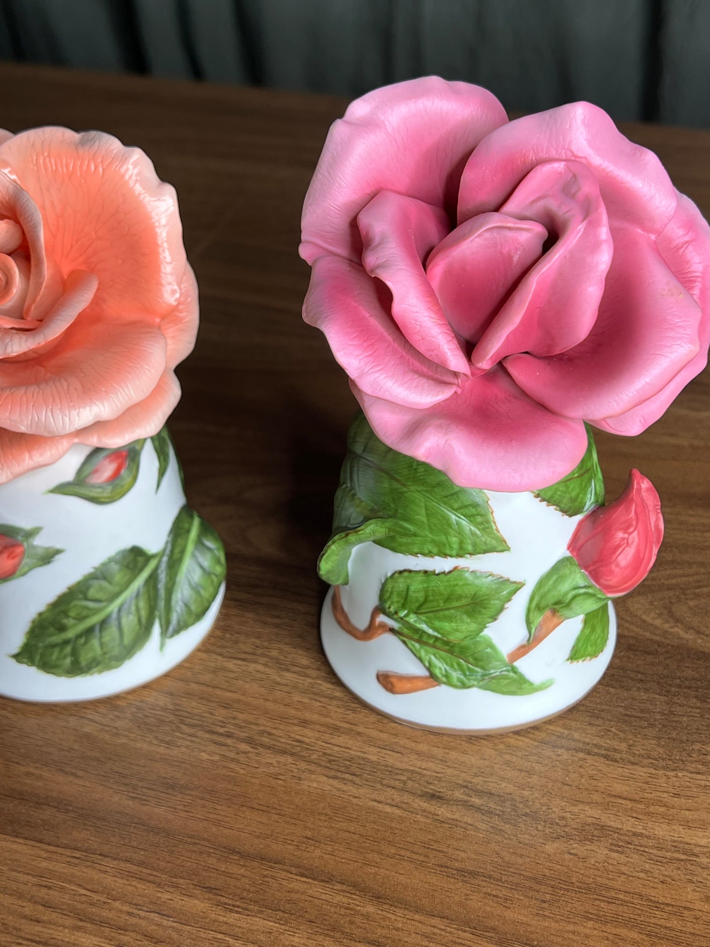 Pair of Porcelain Rose Flower Bells – “Prima Ballerina” & “Dearest” by Leslie Greenwood (1986)
