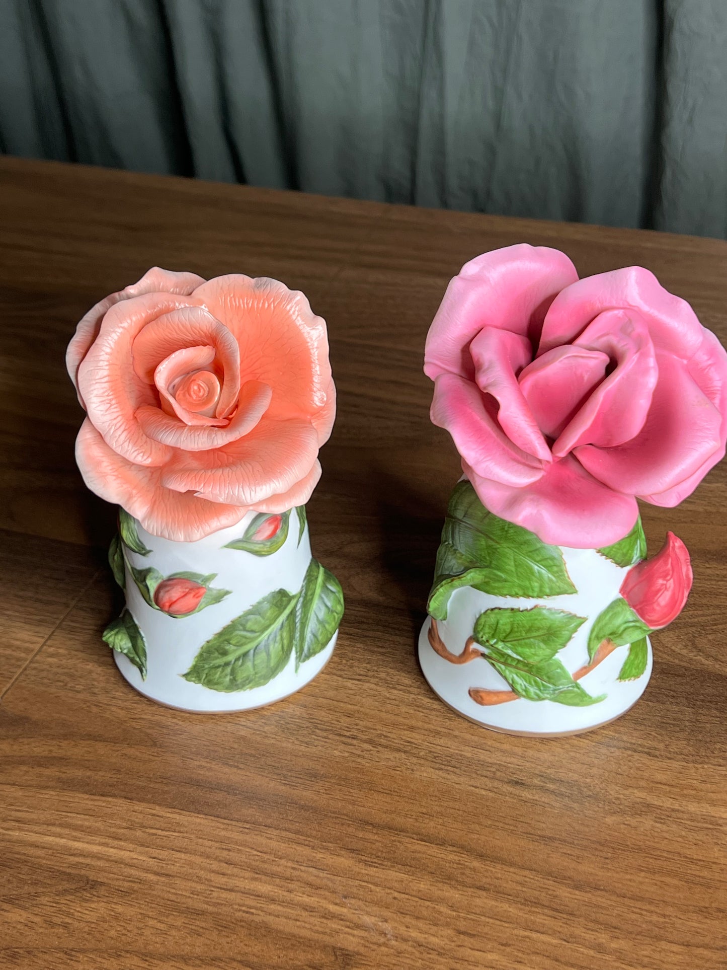 Pair of Porcelain Rose Flower Bells – “Prima Ballerina” & “Dearest” by Leslie Greenwood (1986)