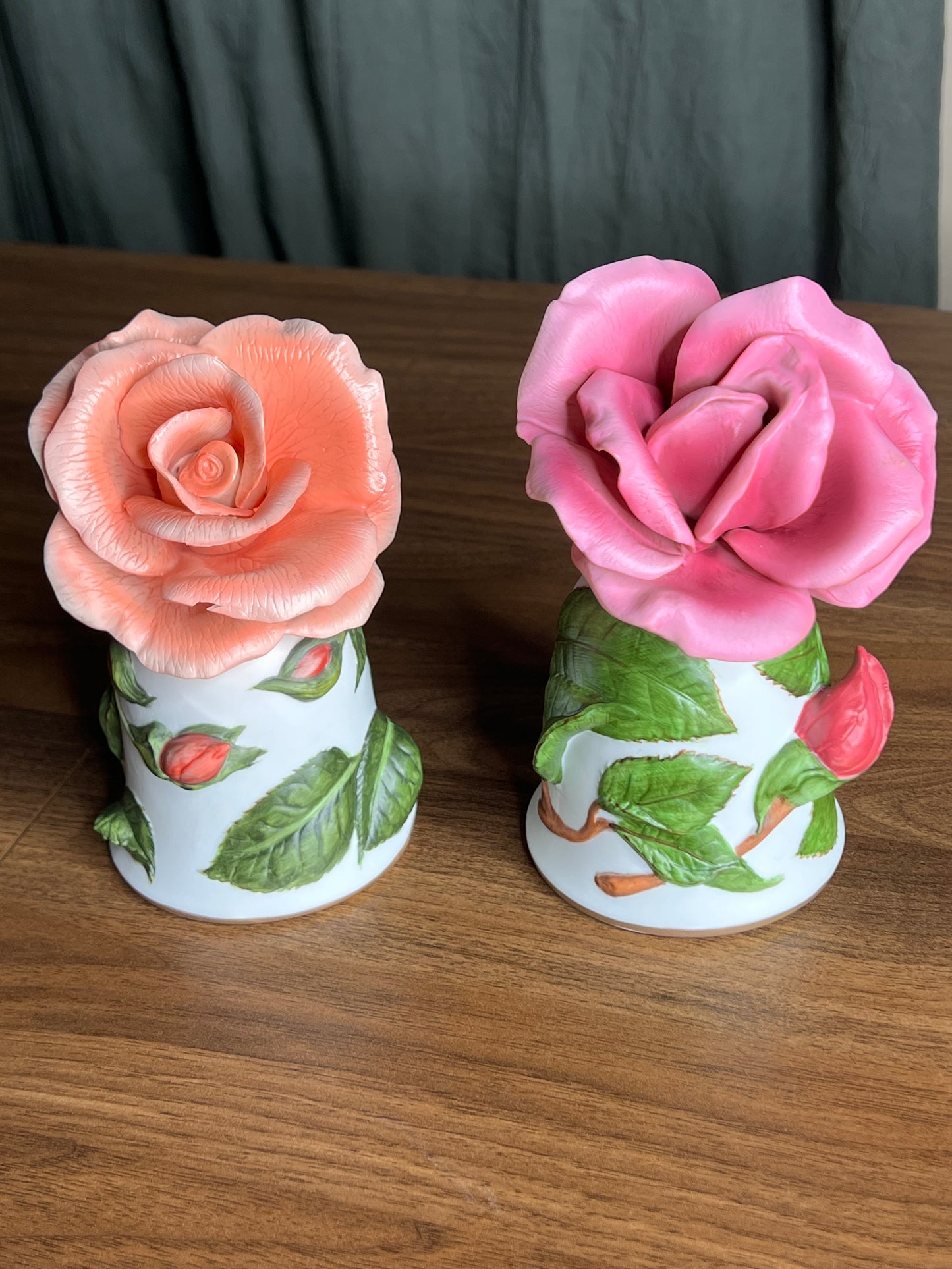 Pair of Porcelain Rose Flower Bells – “Prima Ballerina” & “Dearest” by Leslie Greenwood (1986)