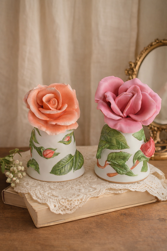Pair of Porcelain Rose Flower Bells – “Prima Ballerina” & “Dearest” by Leslie Greenwood (1986)