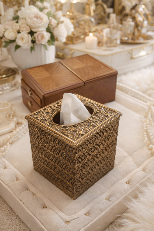 Vintage Brass Tissue Box Cover | Ornate Hollywood Regency Decor